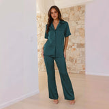 Women's solid color turn-down collar loungewear set - comfortable casual pajamas, short sleeve top and long pants - perfect for cross-border e-commerce on amazon