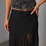Women's dress: versatile black lace see-through sexy ankle-length skirt - european & american style, summer fashion, mid-waist, work-ready midi skirt for women