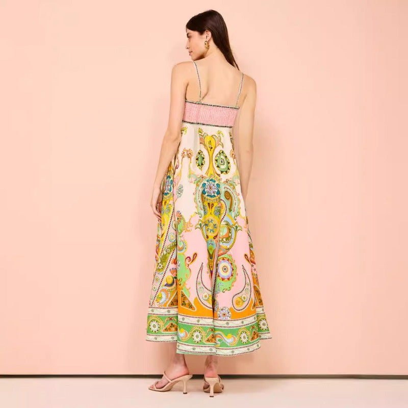 Women's summer dress: sexy spaghetti strap, high-waisted, flared maxi dress with elegant print - perfect for us & european marketplaces