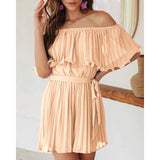 Women's summer solid color sexy pleated short sleeve jumpsuit casual vacation one-piece off-the-shoulder shorts