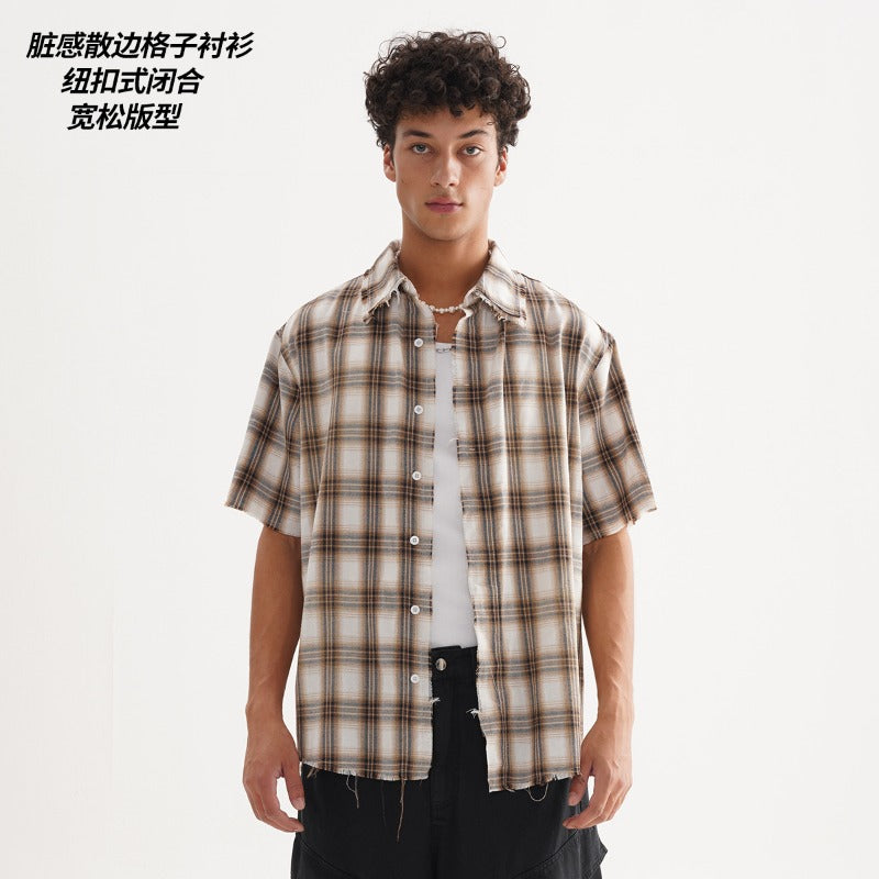 Etai men's fashion street style frayed hem plaid shirt - high quality, relaxed fit summer shirt for men
