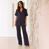 Women's solid color turn-down collar loungewear set - comfortable casual pajamas, short sleeve top and long pants - perfect for cross-border e-commerce on amazon