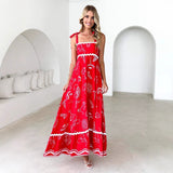 Women's dress - cross-border e-commerce, european & american style, floral print, wavy tie-up straps, a-line dress, elegant women's dress
