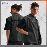 Etai men's clothing | distressed patchwork american retro heavyweight cotton vest - stand collar, frayed edges, washed finish