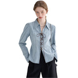 Women top independent station cross-border spring sense of design strappy long sleeves slit waist denim shirtoutwear women's clothing
