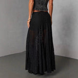 Women's dress: versatile black lace see-through sexy ankle-length skirt - european & american style, summer fashion, mid-waist, work-ready midi skirt for women