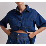 Women's pants: summer amazon cross-border european and american style casual retro loose shirt & denim shorts set - denim women's