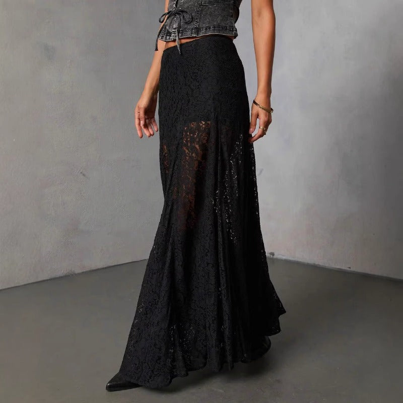 Women's dress: versatile black lace see-through sexy ankle-length skirt - european & american style, summer fashion, mid-waist, work-ready midi skirt for women