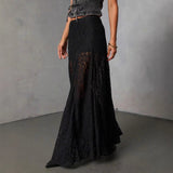 Women's dress: versatile black lace see-through sexy ankle-length skirt - european & american style, summer fashion, mid-waist, work-ready midi skirt for women