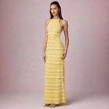 Women's dress - cross-border summer fashion: european & american style, amazon hot seller, sexy ruffle trim, backless halter neck, tie-up maxi dress