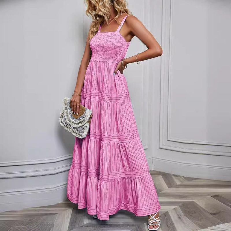 Women's dress: spring/summer new european and american style, foreign trade women's camisole dress, cinched waist, striped, vacation dress, feminine