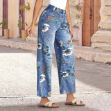 Women's vintage denim pants - cross-border, random print, loose wide-leg, spring/summer floral pattern, straight-leg, high-waisted jeans