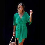 Women's dress - european & american cross-border amazon style - summer solid color elegant asymmetrical slim-fit dress