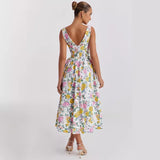 Women's dress - summer export, elegant v-neck, cinched waist, sleeveless, floral print, vacation dress, midi length