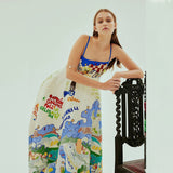 Women's dress - european & american style, cross-border aliexpress, independent website, sexy spaghetti strap, graffiti cotton linen print, maxi swing dress for women