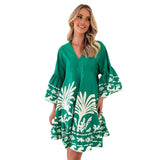Women's dress - amazon independent site - summer european and american v-neck printed flared sleeve loose short dress