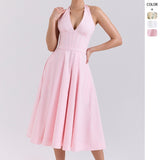 Women's dress: summer amazon hot seller - slim waist, halter neck, structured, backless, drawstring tie, bandeau, spaghetti strap dress