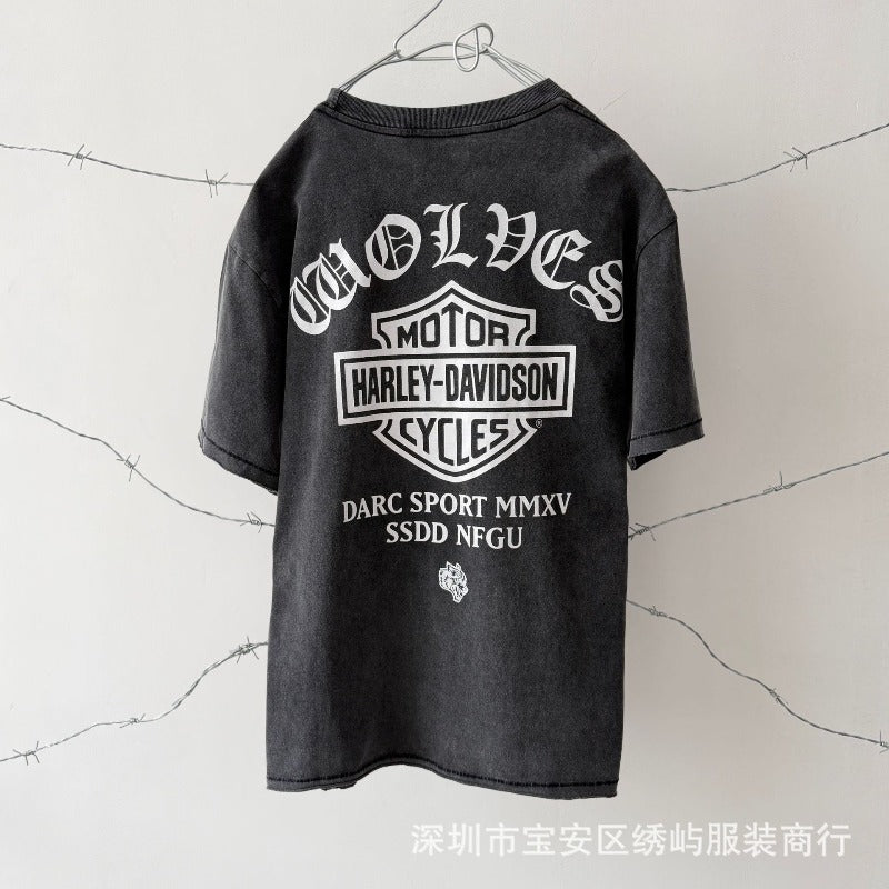 saint m t shirts  s.m harley wolf head graphic crew neck pullover short sleeve t-shirt - wholesale