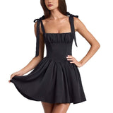 Women's summer fashion dress: european and american style, square neck, high waist, pleated patchwork, bowknot strap dress