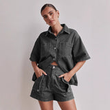 Women's pants: summer amazon cross-border european and american style casual retro loose shirt & denim shorts set - denim women's