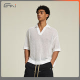 Etai men's relaxed fit turn-down collar short sleeve textured knit polo shirt - trendy brand, high-quality summer boxy tee