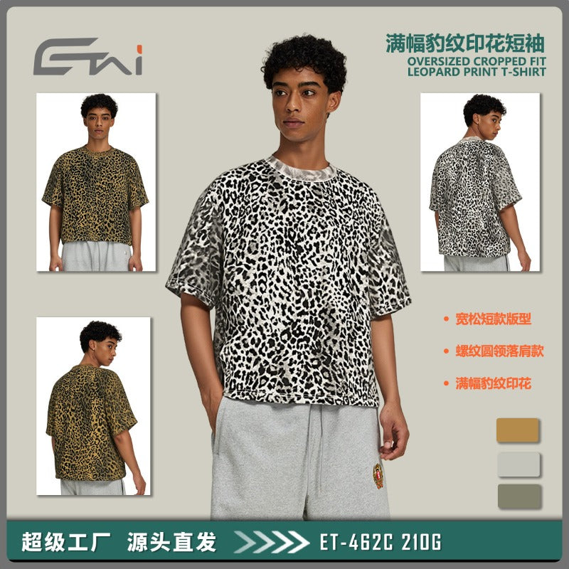 Street casuallooseshortleopard printprinting short-sleeved t-shirtmensummermen's round neck trendy brand t-shirt