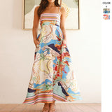 Women's dress - amazon spring/summer european & american style - high-waisted, printed, holiday-inspired, maxi swing dress with spaghetti straps