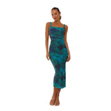 Women's sleeveless spring dress - slim fit cami dress with open back, off-the-shoulder neckline, floral print, and slit detail