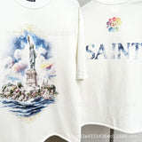 saint m t shirts  s.m oil painting statue of liberty crew neck pullover short sleeve top - wholesale