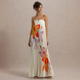 Women's dress - amazon independent site, cross-border e-commerce, european & american export, printed bandeau, loose fit, heavily pleated, long maxi dress for women