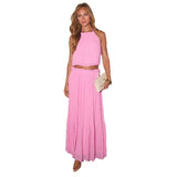 Women's spring european and american style sexy hollow-out pleated halter top and fashionable elegant midi skirt set
