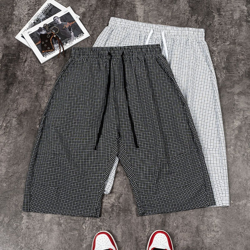Etai men's fashionable plaid cropped pants with distressed seam detail, pleated casual shorts, drawstring lightweight men's shorts