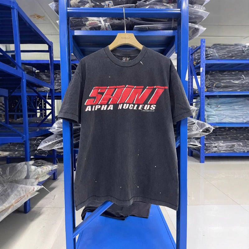 saint m t shirts  s.m letter print crew neck pullover short sleeve top - wholesale