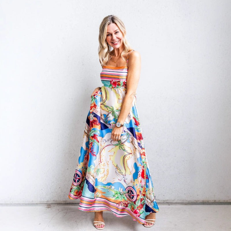 Women's dress - in stock, ready to ship: summer european & american style sexy high-waisted printed maxi slip dress - perfect for vacation!