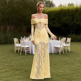 Women's dress: european and american style, elegant lace off-the-shoulder maxi dress, fashionable sexy long sleeve backless slim-fit dress for women